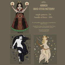 Load image into Gallery viewer, Goddess Cross Stitch Pattern Pack Digital Download File - Artemis Hecate Nyx - Personal Use Only!