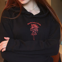 Load image into Gallery viewer, Swords before Lords Crop Hoodie in Black