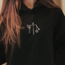 Load image into Gallery viewer, Axe, Sword, Flail Embroidered Hoodie - White Thread Variant