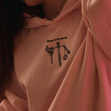 Load image into Gallery viewer, 'Whats in My Purse' Medieval Weapons Embroidered Hoodie - Axe, Sword, Flail - Black Thread Variant