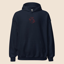Load image into Gallery viewer, 'Whats in My Purse' Medieval Weapons Embroidered Hoodie - Axe, Sword, Flail - Red Thread Variant