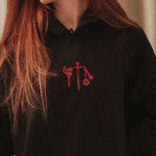 Load image into Gallery viewer, Axe, Sword, Flail Embroidered Hoodie - Red Thread Variant