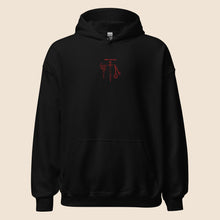 Load image into Gallery viewer, 'Whats in My Purse' Medieval Weapons Embroidered Hoodie - Axe, Sword, Flail - Red Thread Variant