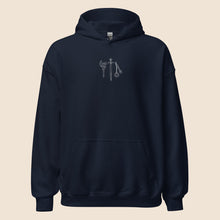 Load image into Gallery viewer, Axe, Sword, Flail Embroidered Hoodie - White Thread Variant