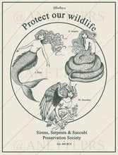 Load image into Gallery viewer, Sirens, Serpents & Succubi Preservation Society - Protect our Wildlife Tote Bag