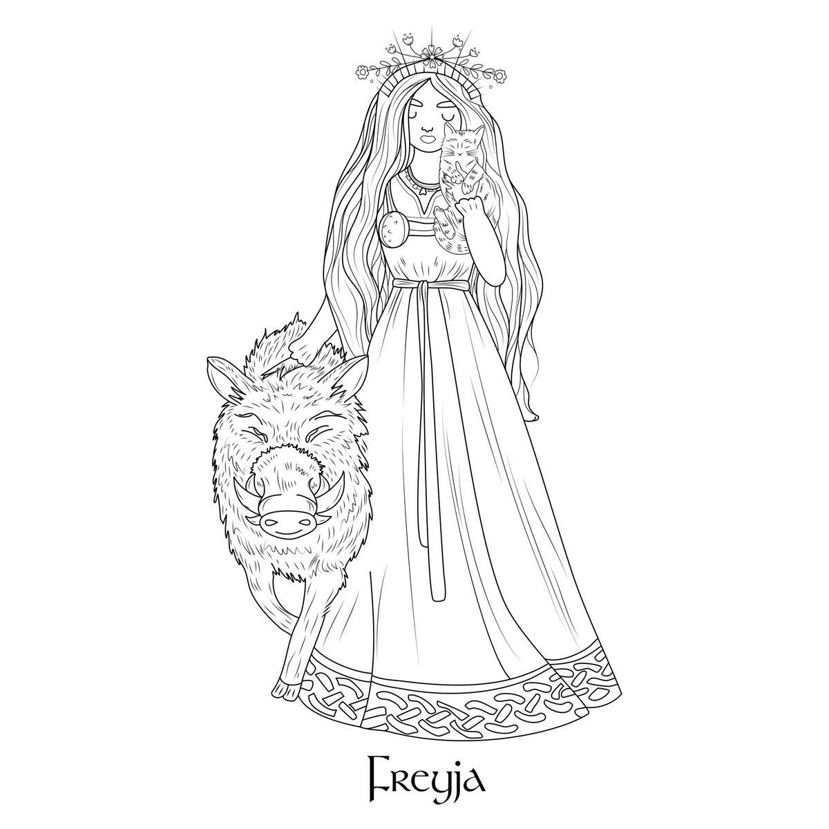 Freyja Line Work, Embroidery Pattern, Norse Goddess Coloring Page, Myt ...