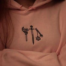 Load image into Gallery viewer, Axe, Sword, Flail Embroidered Hoodie - Black Thread Variant
