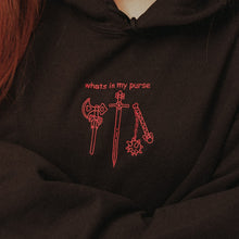 Load image into Gallery viewer, &#39;Whats in My Purse&#39; Medieval Weapons Embroidered Hoodie - Axe, Sword, Flail - Red Thread Variant
