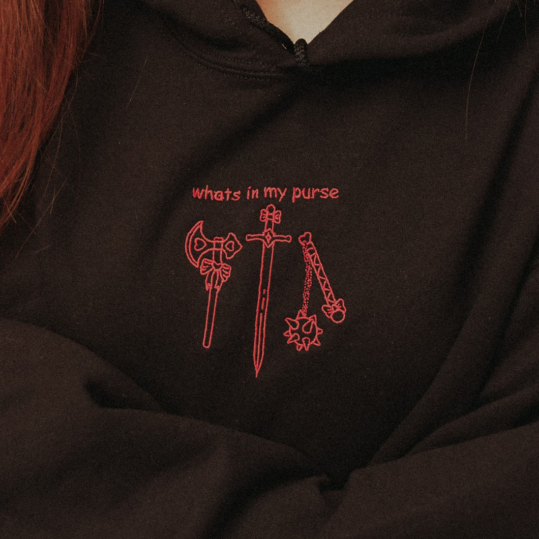 'Whats in My Purse' Medieval Weapons Embroidered Hoodie - Axe, Sword, Flail - Red Thread Variant