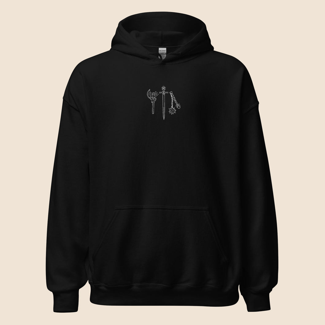 Axe, Sword, Flail Embroidered Hoodie - White Thread Variant