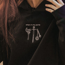 Load image into Gallery viewer, &#39;Whats in My Purse&#39; Medieval Weapons Embroidered Hoodie - Axe, Sword, Flail - White Thread Variant
