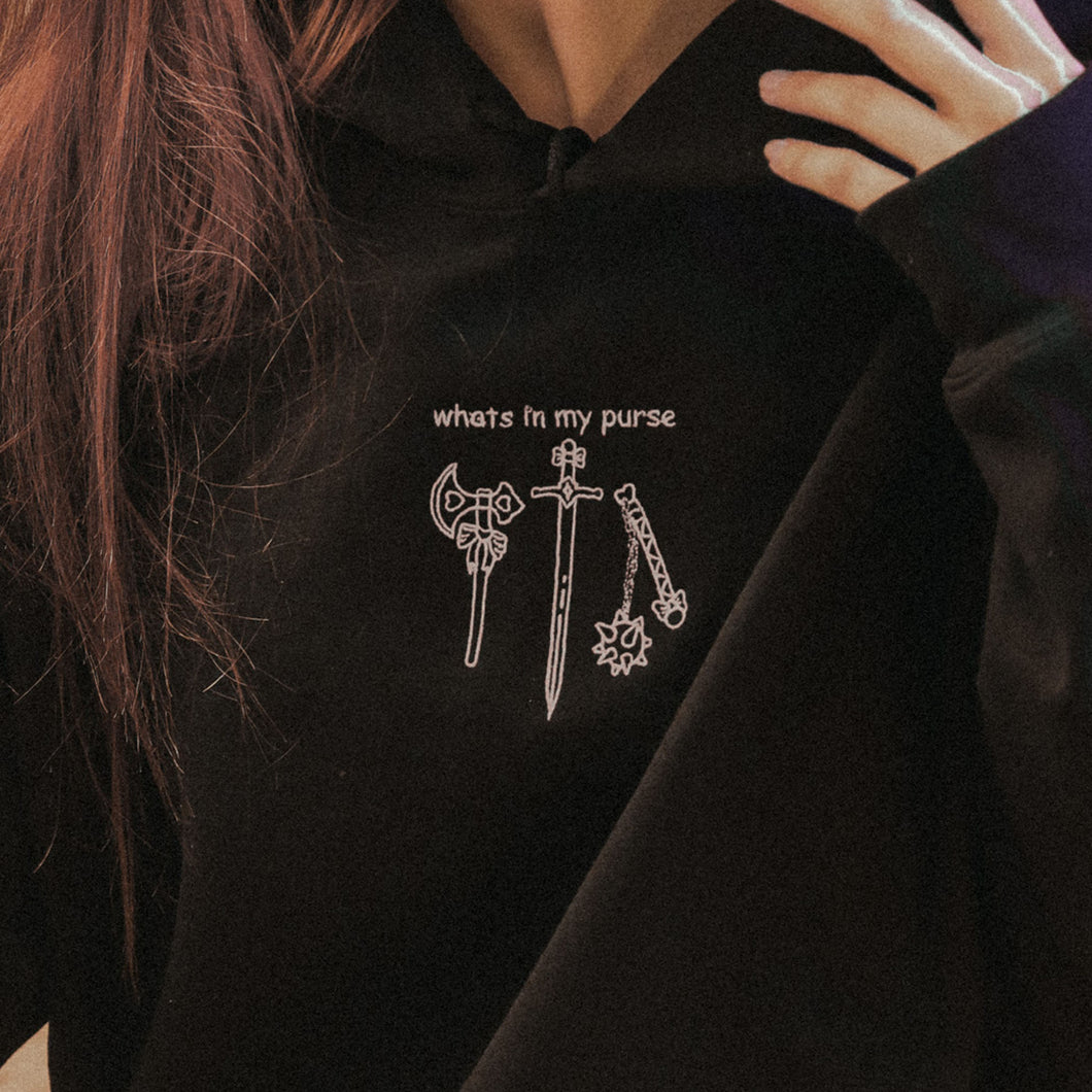 'Whats in My Purse' Medieval Weapons Embroidered Hoodie - Axe, Sword, Flail - White Thread Variant