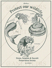 Load image into Gallery viewer, Sirens, Serpents &amp; Succubi Preservation Society - Protect our Wildlife Tote Bag
