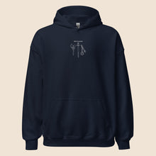 Load image into Gallery viewer, &#39;Whats in My Purse&#39; Medieval Weapons Embroidered Hoodie - Axe, Sword, Flail - White Thread Variant
