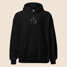 Load image into Gallery viewer, &#39;Whats in My Purse&#39; Medieval Weapons Embroidered Hoodie - Axe, Sword, Flail - White Thread Variant
