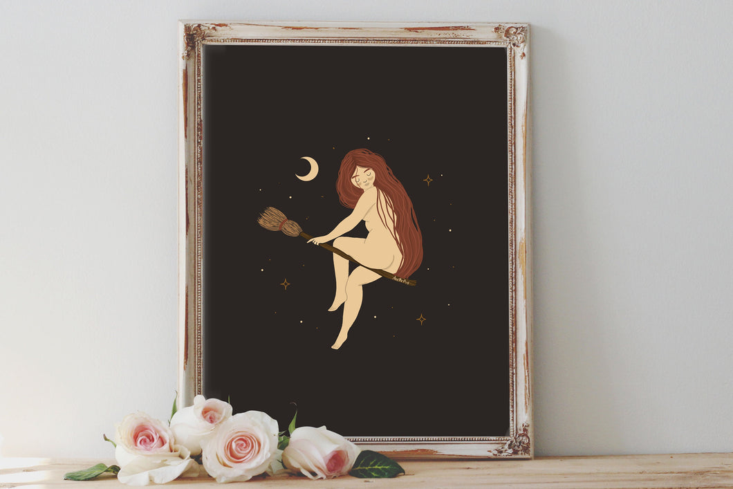 Witch Flying on a Broomstick Art Print