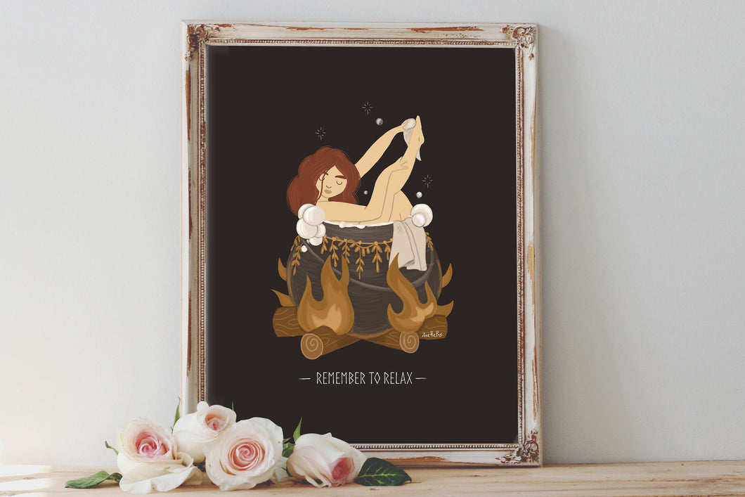 Witch in Bath 'Remember to Relax' Self-care Art Print